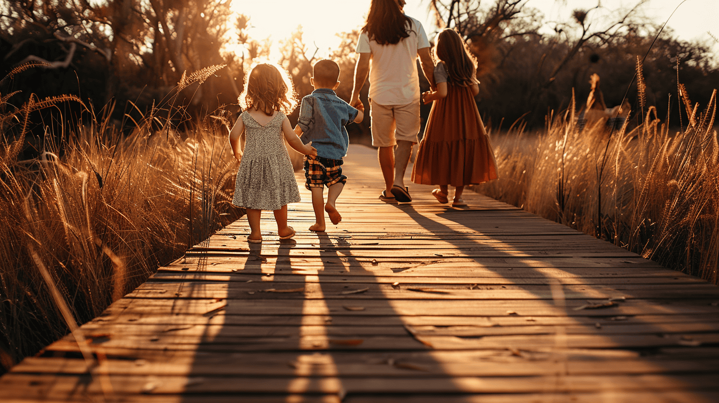 Four children walk barefoot down a wooden boardwalk surrounded by tall, sunlit grasses. The sun sets in the background, casting long shadows on the path as the children, dressed in summer clothing, hold hands and stroll together.